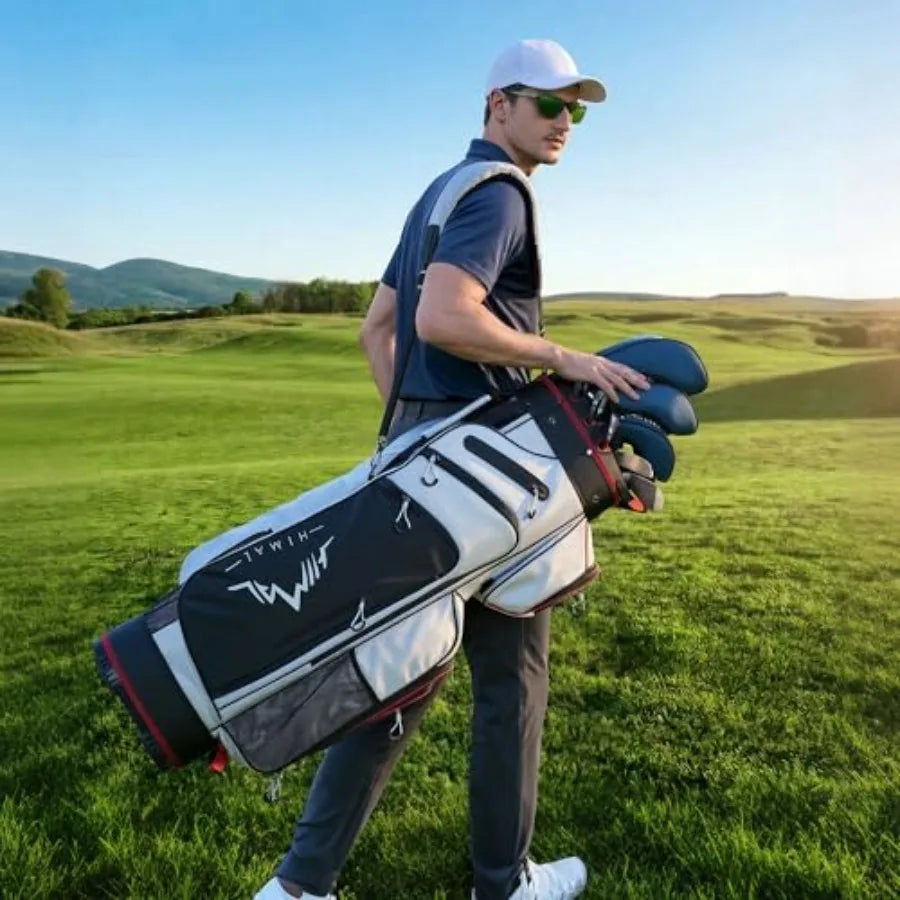 Golf Cart Bag with 14-Way Full-Length Dividers carried by a golfer on a green course.