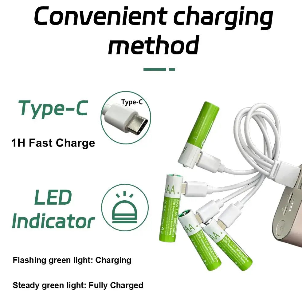 Rscrola AAA Rechargeable Battery 6800mAh with USB charging and 2000+ cycles for home energy use.