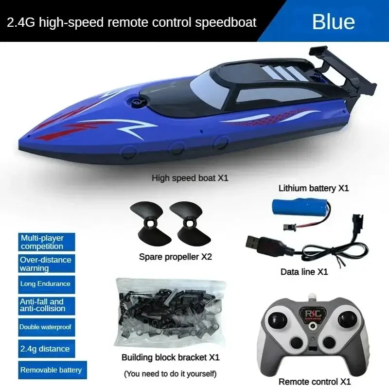 Kids remote control boat toys image showcasing a blue 2.4G high-speed remote control speedboat and its accessories.