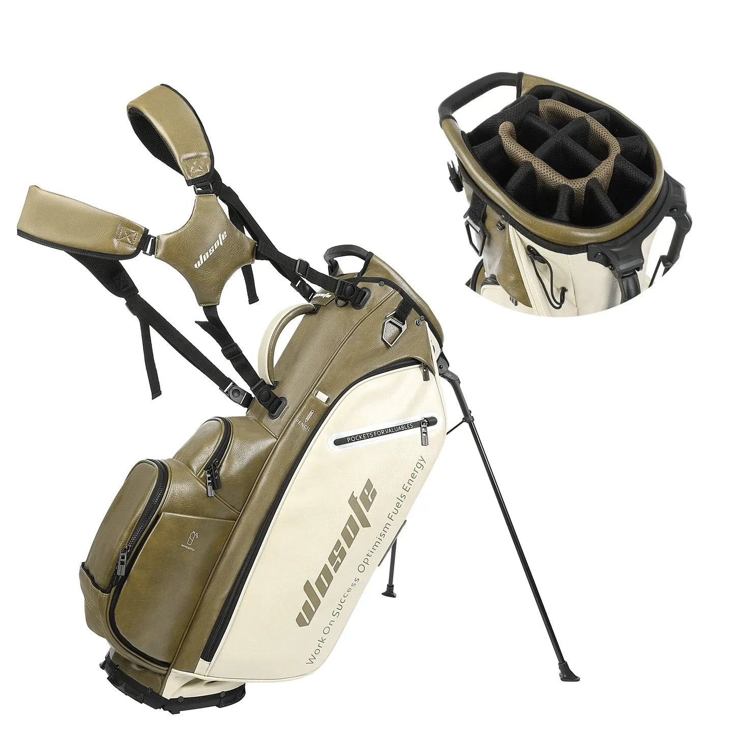 Golf Stand Bag for Men & Women in stylish beige and white PU material with dual shoulder straps and club compartments