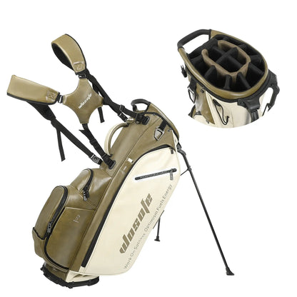 Golf Stand Bag for Men & Women in stylish beige and white PU material with dual shoulder straps and club compartments