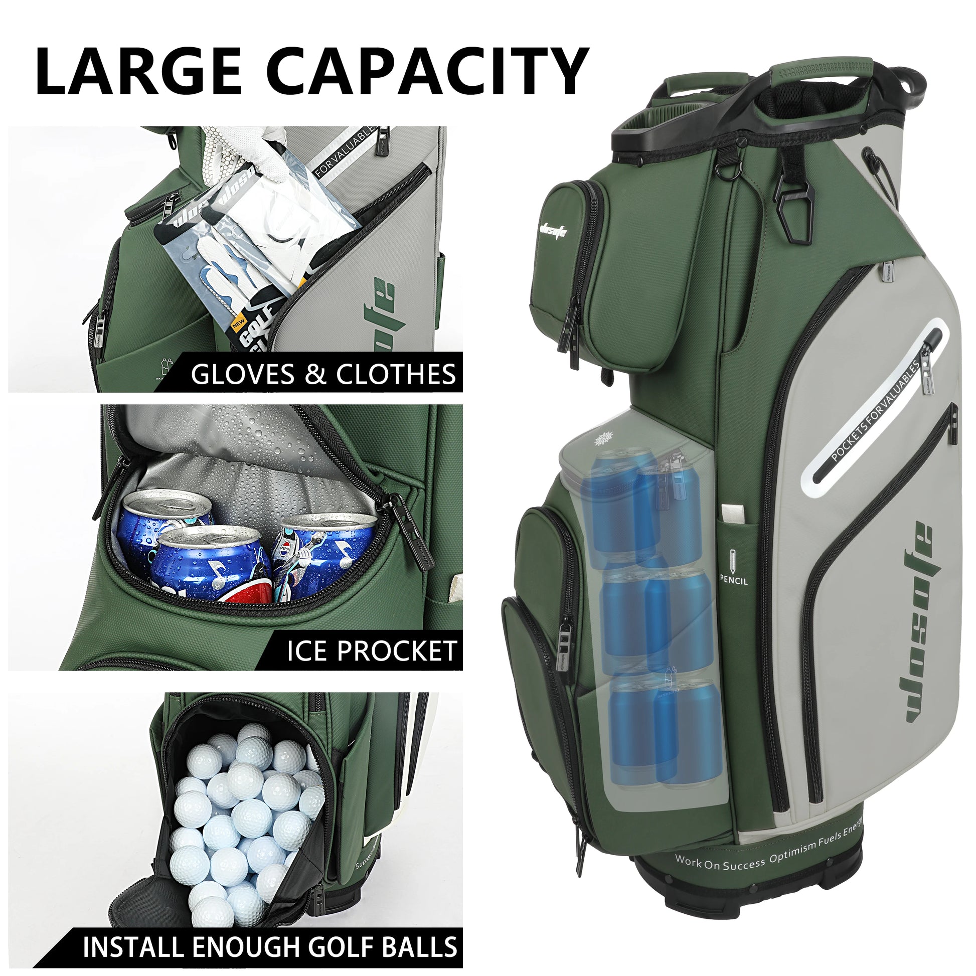Lightweight Men Women Golf Bag showcasing large capacity with pockets for gloves, ice, and golf balls in green and grey color.