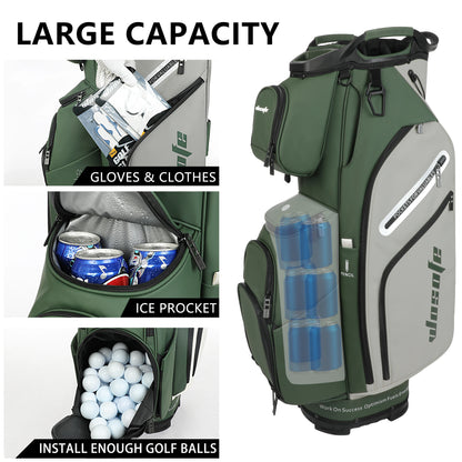Lightweight Men Women Golf Bag showcasing large capacity with pockets for gloves, ice, and golf balls in green and grey color.