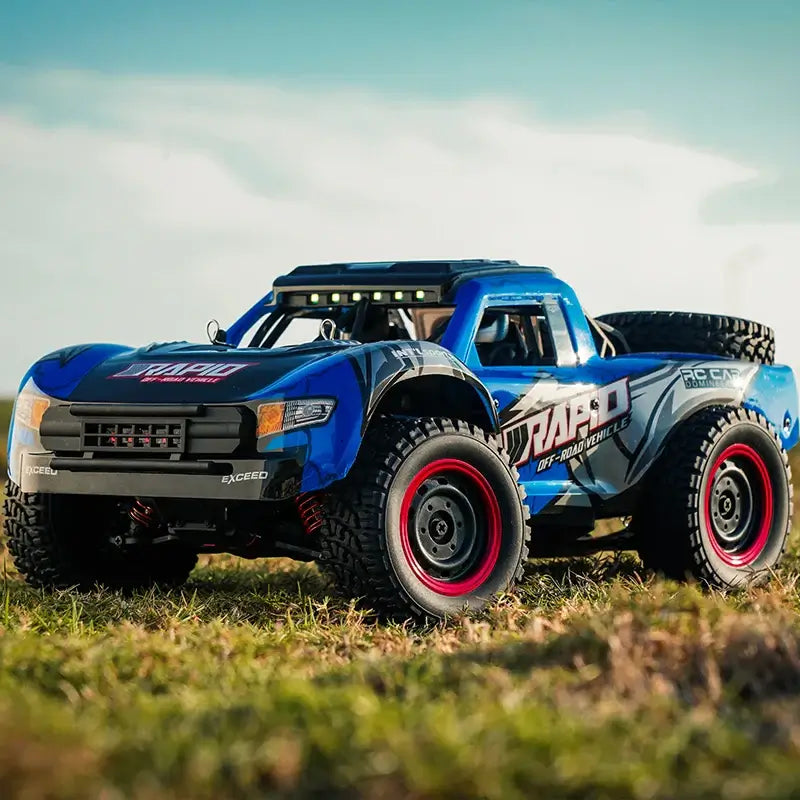 JJRC Q130 RC Car 2.4G 4x4 Off-Road 1:14 High Brushless Speed on grass with blue and black design