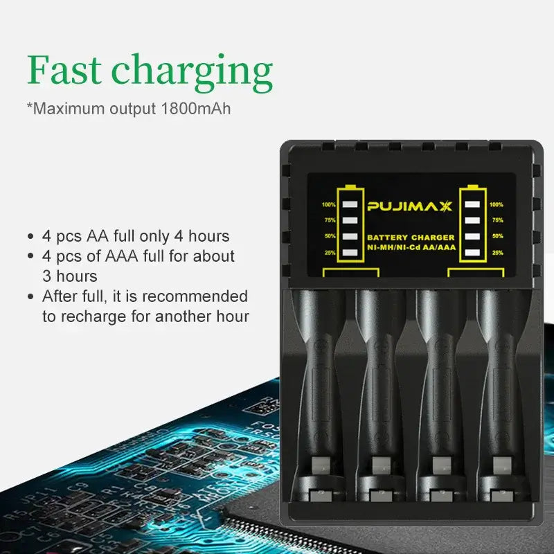 Battery Charger 4 Slots Intelligent LED displaying fast charging features and LED indicators for battery status.