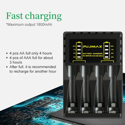 Battery Charger 4 Slots Intelligent LED displaying fast charging features and LED indicators for battery status.
