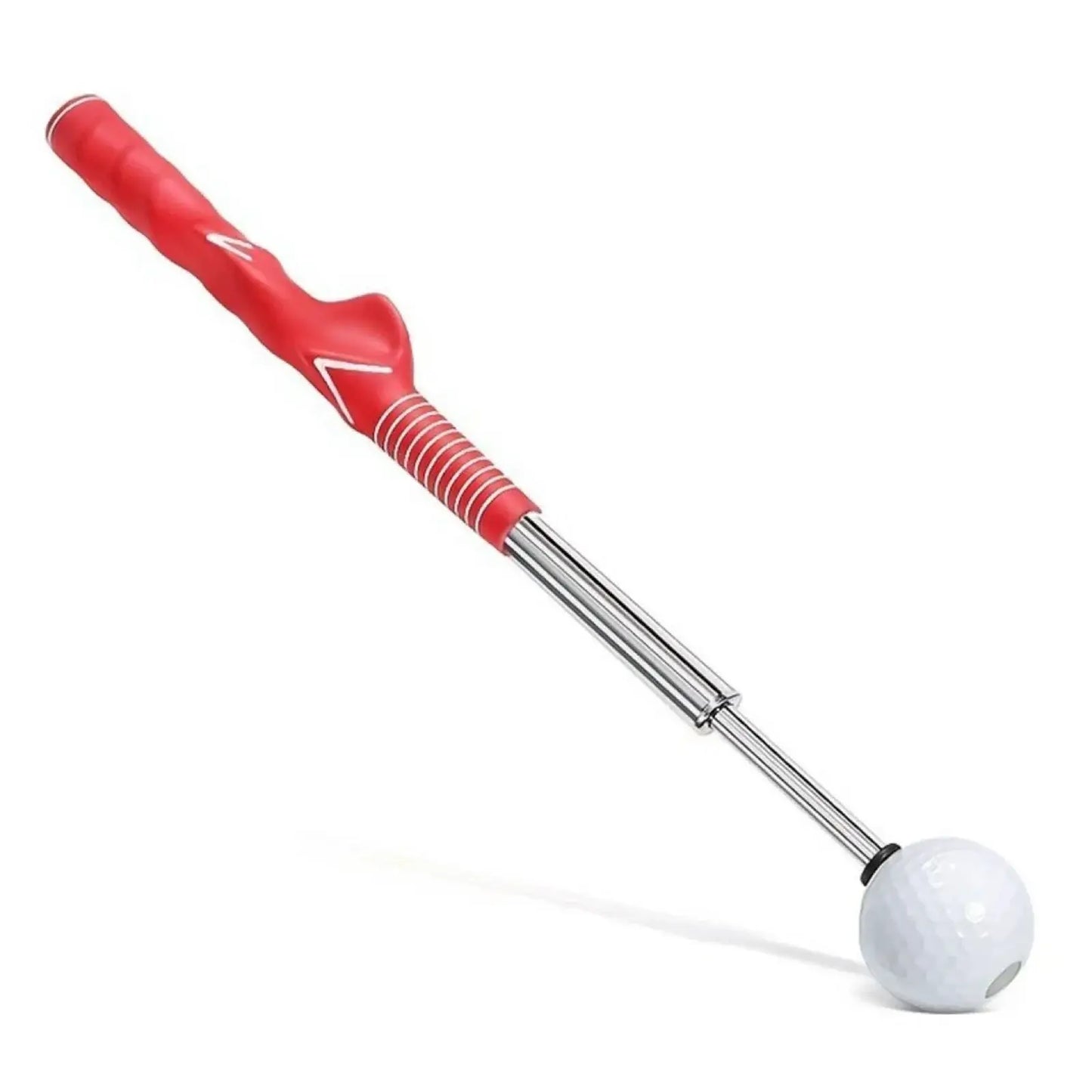 Retractable Golf Swing Trainer with Click Feedback Anti-Slip, featuring a red grip and white golf ball for training aid.