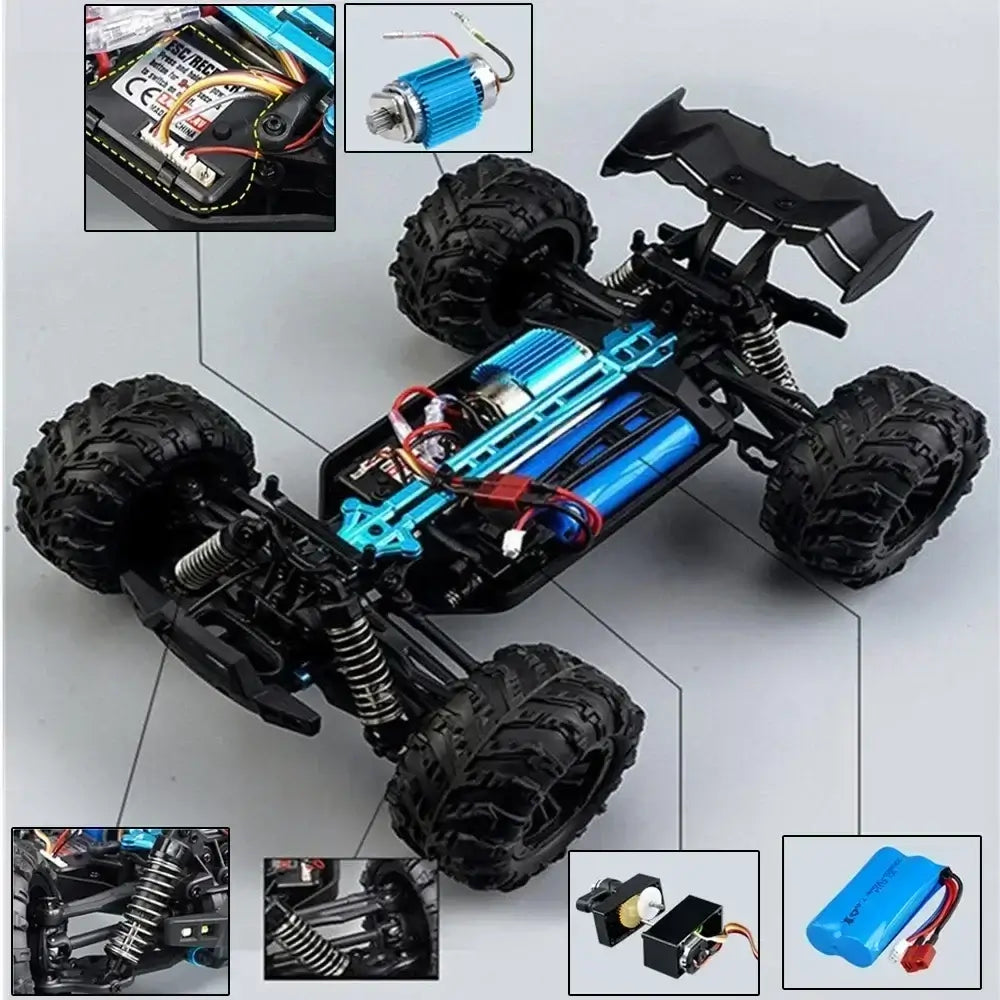 Large RC Cars detailed view showcasing features including wiring, motor, and tires.