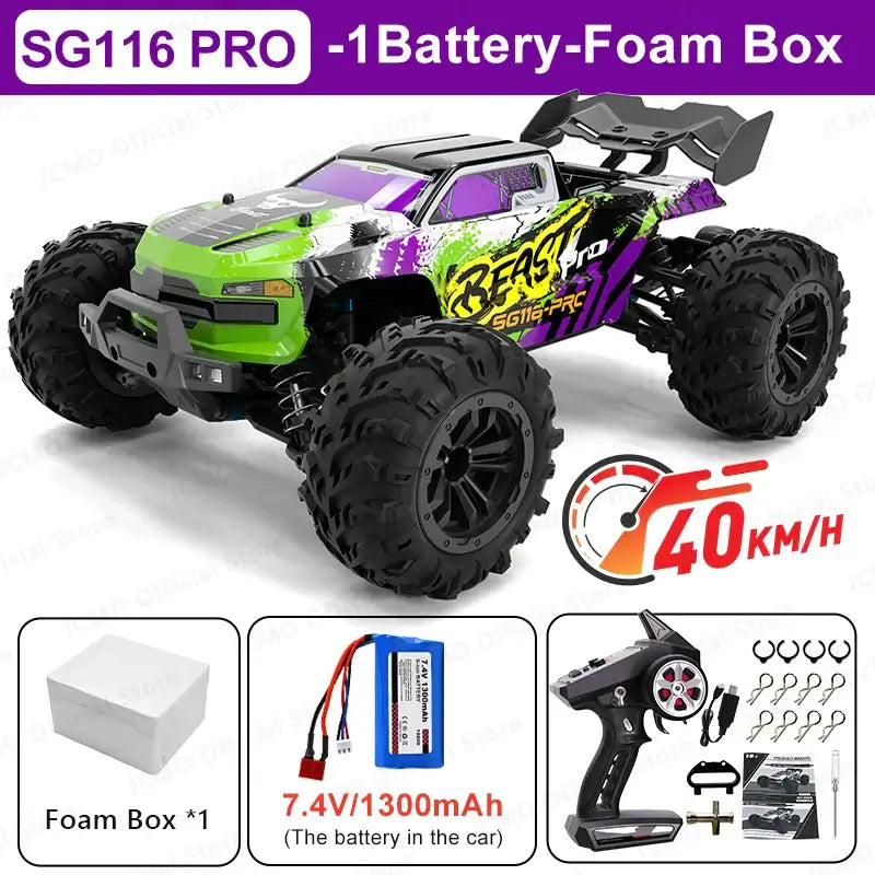 high speed remote control car 80KM/H SG116 PRO model with battery and foam box, ideal for racing enthusiasts.