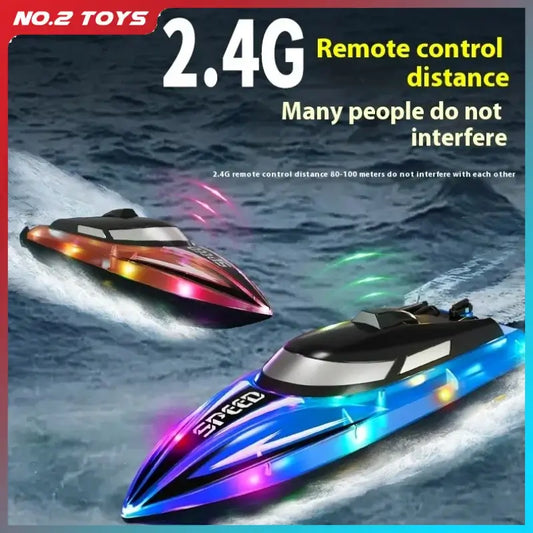 Two RC Boats Remote Control Speedboat showcasing 2.4G remote control distance with colorful LED lights on water.