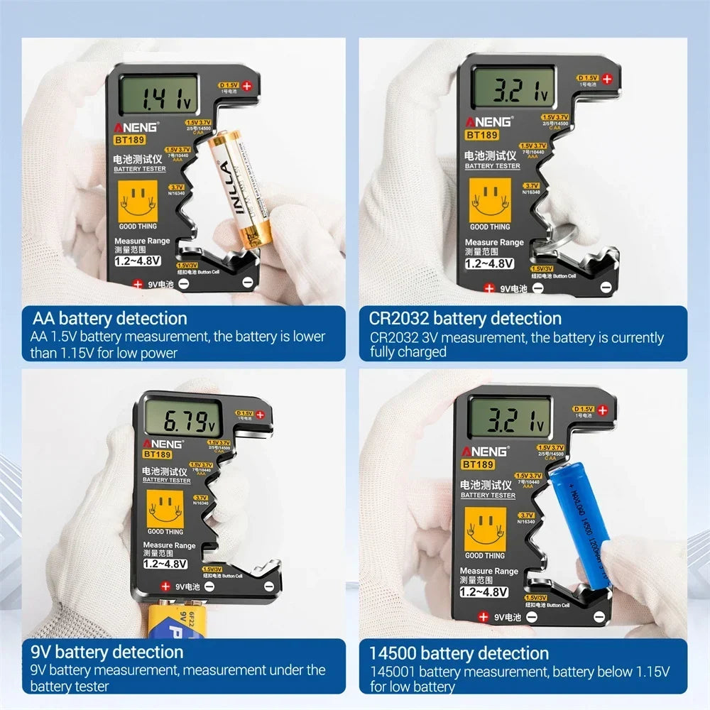 BT189 Digital Battery Tester LCD Display AA/AAA/9V/1.5V Button Cell Battery Capacity Check Detector Capacitance Diagnostic Tool