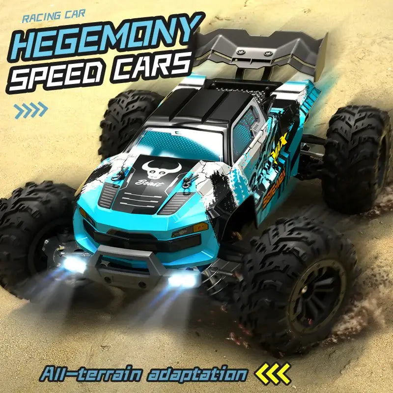 High speed remote control car racing on sand, featuring all-terrain adaptation and rugged tires for optimal performance.