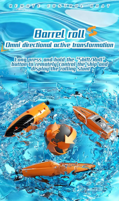 RC Racing Speedboat Mini Remote Control Stunt Boat demonstrating barrel roll transformation in water.