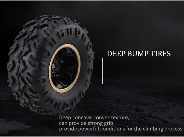 RC Car Remote Control Climbing Vehicle deep bump tires designed for strong grip and climbing performance on various terrains.