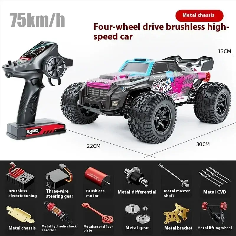 High-speed 4WD RC truck with brushless motor and metal chassis, reaching speeds of 75km/h.