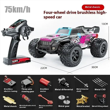High-speed 4WD RC truck with brushless motor and metal chassis, reaching speeds of 75km/h.