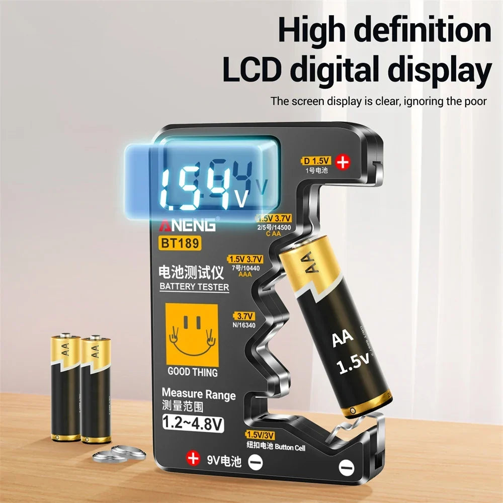 BT189 Digital Battery Tester LCD Display AA/AAA/9V/1.5V Button Cell Battery Capacity Check Detector Capacitance Diagnostic Tool