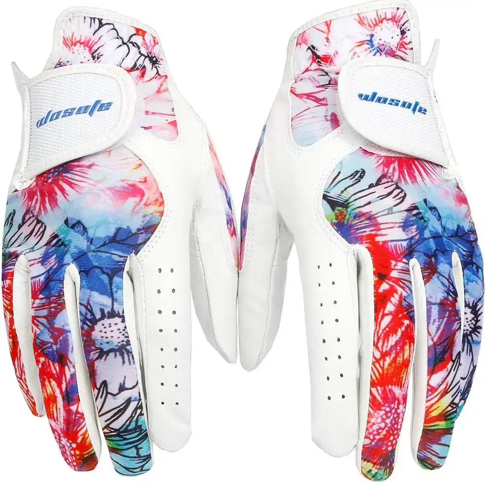 Golf Glove Women Ladies Pair featuring colorful floral design on a white leather base by brand wosofe.