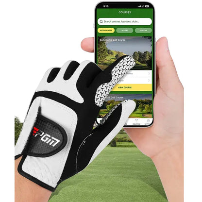 Professional Golf Gloves Microfiber fabric being used to interact with a golf course app on a smartphone.