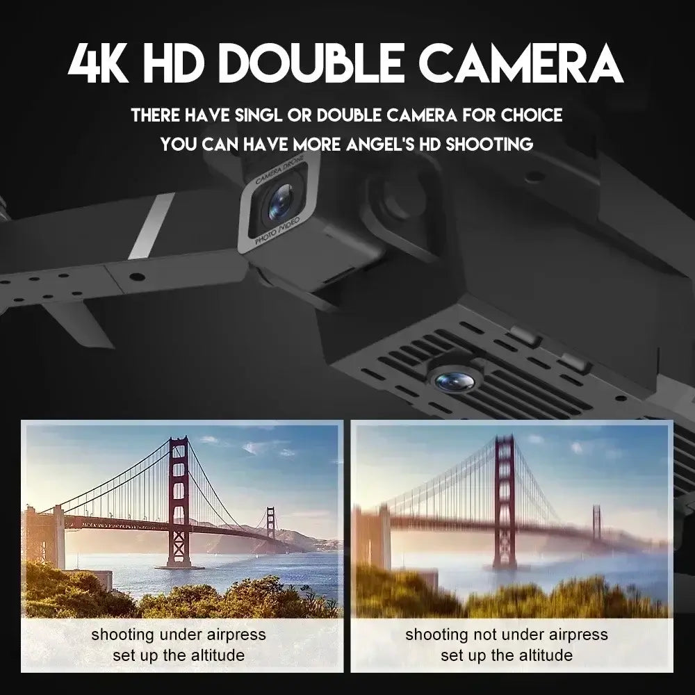 4K dual camera RC drone showcasing HD double camera options with aerial photography examples.