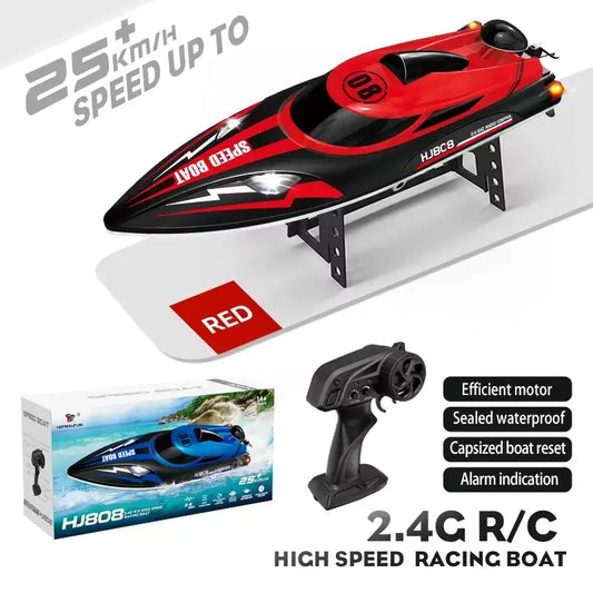 HJ808 RC Remote Control Boat with sleek design, fast motor, and controller, showcasing 25+ km/h speed in red and black.