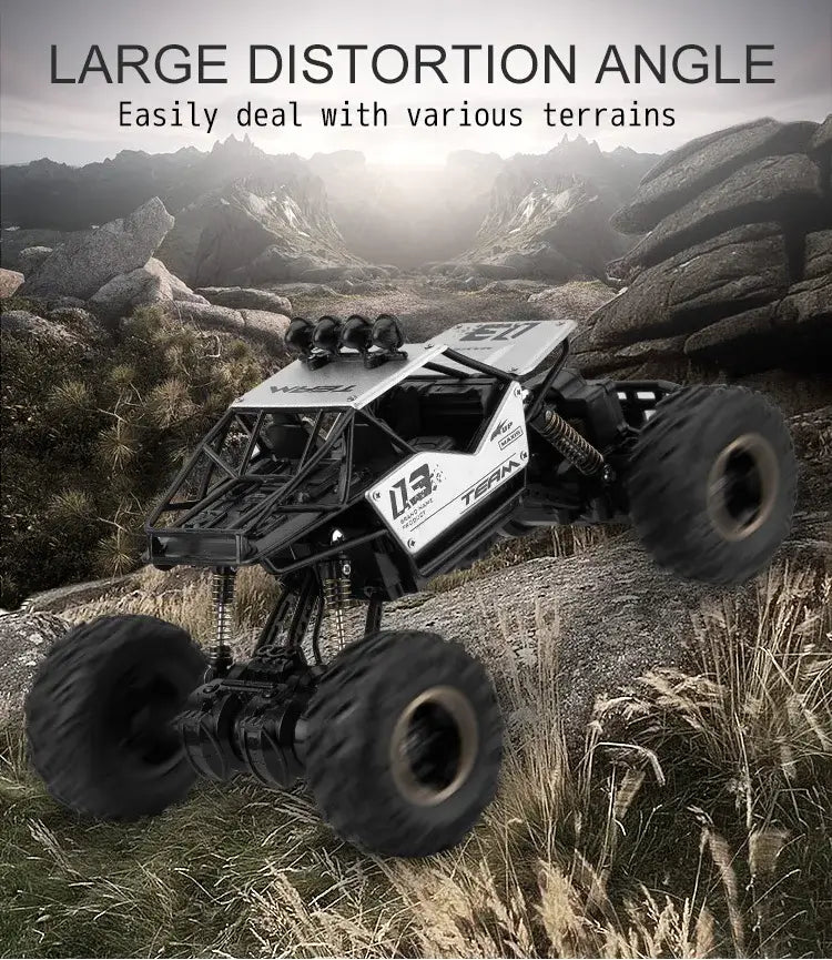 RC Car Remote Control Climbing Vehicle in action on rocky terrain showcasing its large distortion angle.