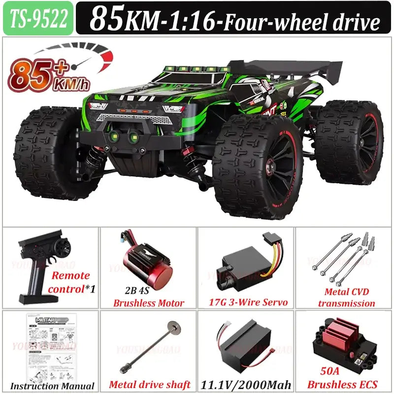 85 kmh RC Car Brushless four-wheel drive 9522PRO with remote control, brushless motor, and dual suspension highlighted
