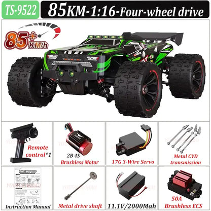 85 kmh RC Car Brushless four-wheel drive 9522PRO with remote control, brushless motor, and dual suspension highlighted