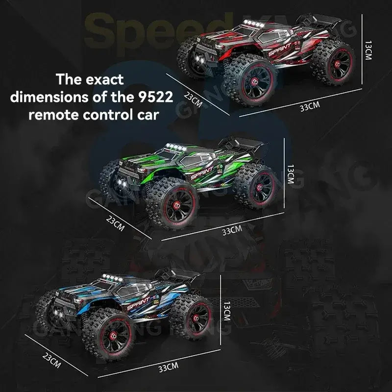 RC Car 80 Kilometers or 50 Kilometers showcasing three models with dimensions 33CM x 23CM x 13CM, equipped with LED lights.