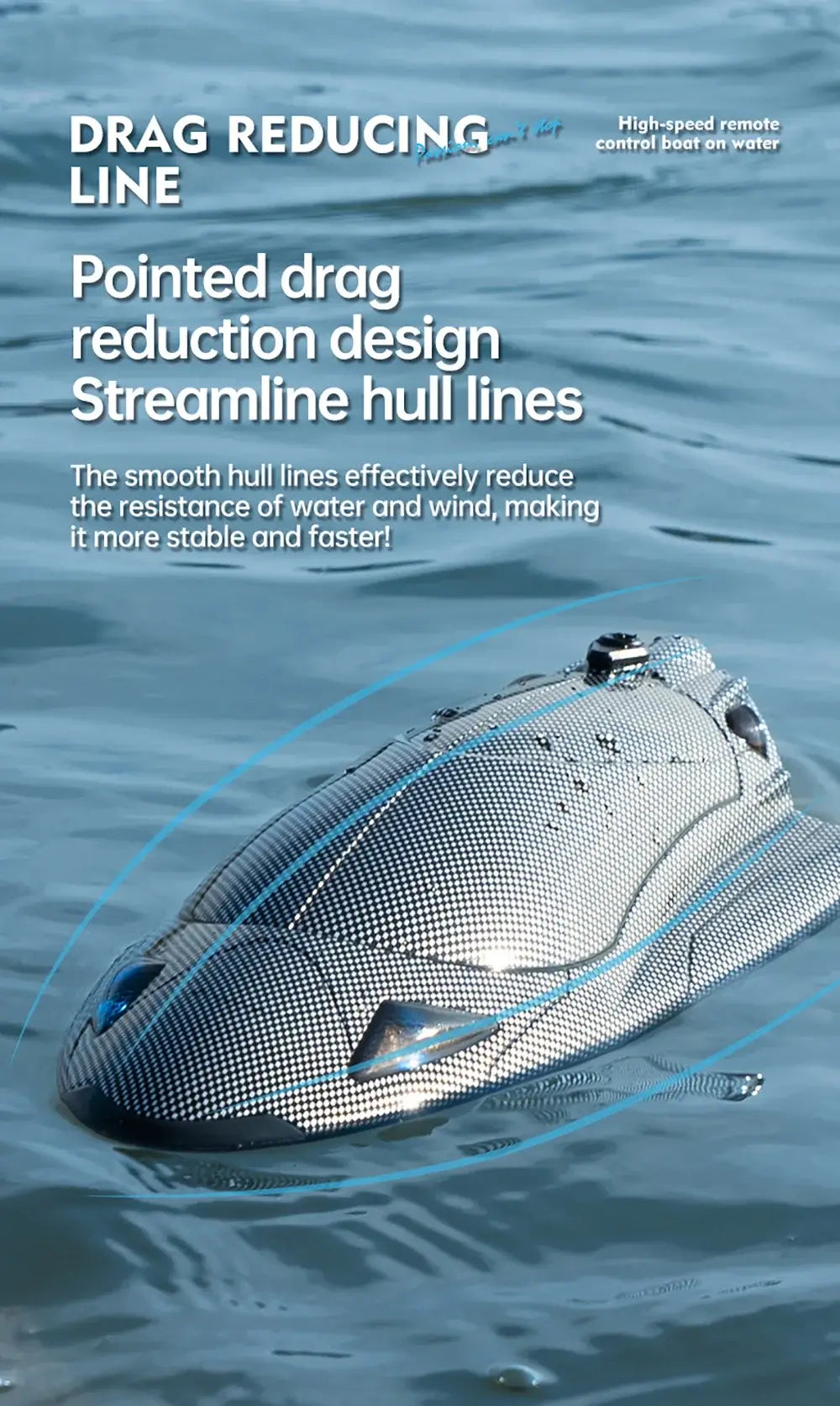 Turbojet Speedboat 40KMh with pointed drag reduction design and streamlined hull lines for enhanced stability and speed.
