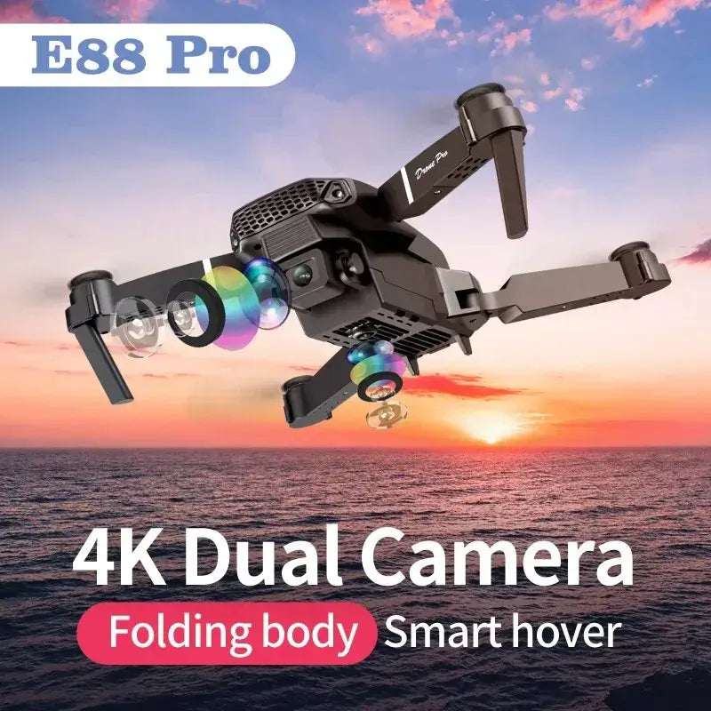 New E88 RC Drone flying over the ocean at sunset with a 4K dual camera and a folding body design.