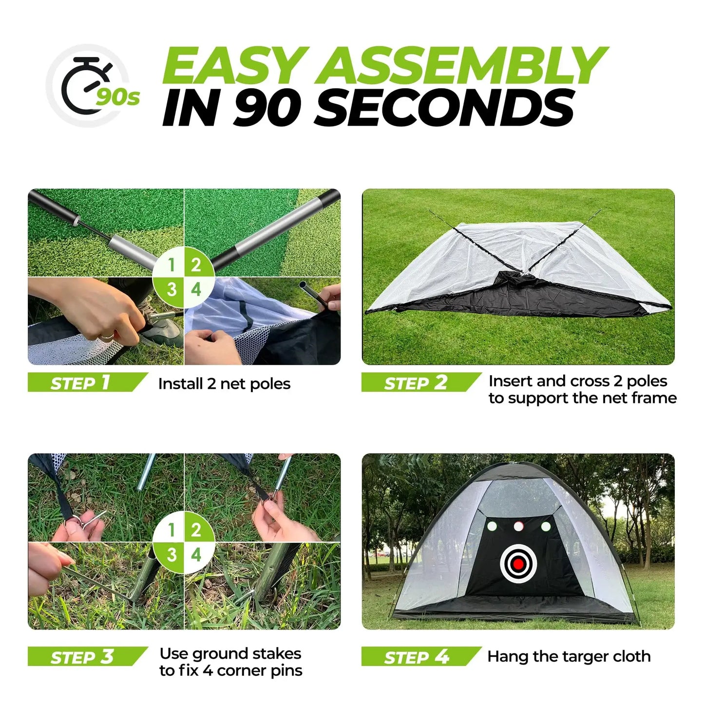 Step-by-step guide for easy assembly of Professional Golf Practice Net in 90 seconds.