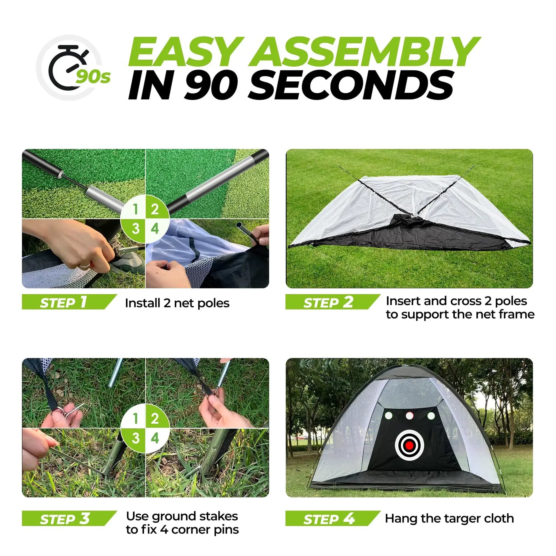 Step-by-step guide for easy assembly of Professional Golf Practice Net in 90 seconds.