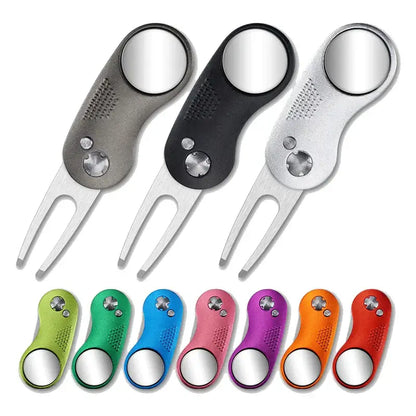 Metal Foldable Golf Divot Repair Tool in various colors including gray, black, and vibrant shades.