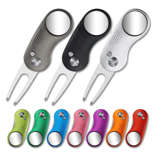 Metal Foldable Golf Divot Repair Tool in various colors including gray, black, and vibrant shades.