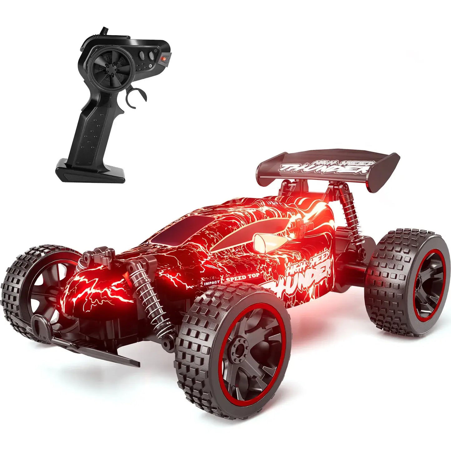 high-speed remote control car with red lights and remote control, featuring vibrant design and off-road tires