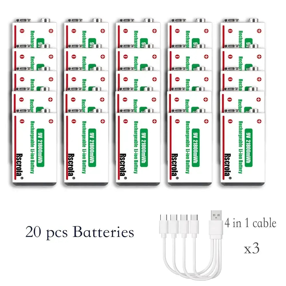 Rscrola 21800mWh 9V Lithium Rechargeable Battery with Type-C cable for various devices