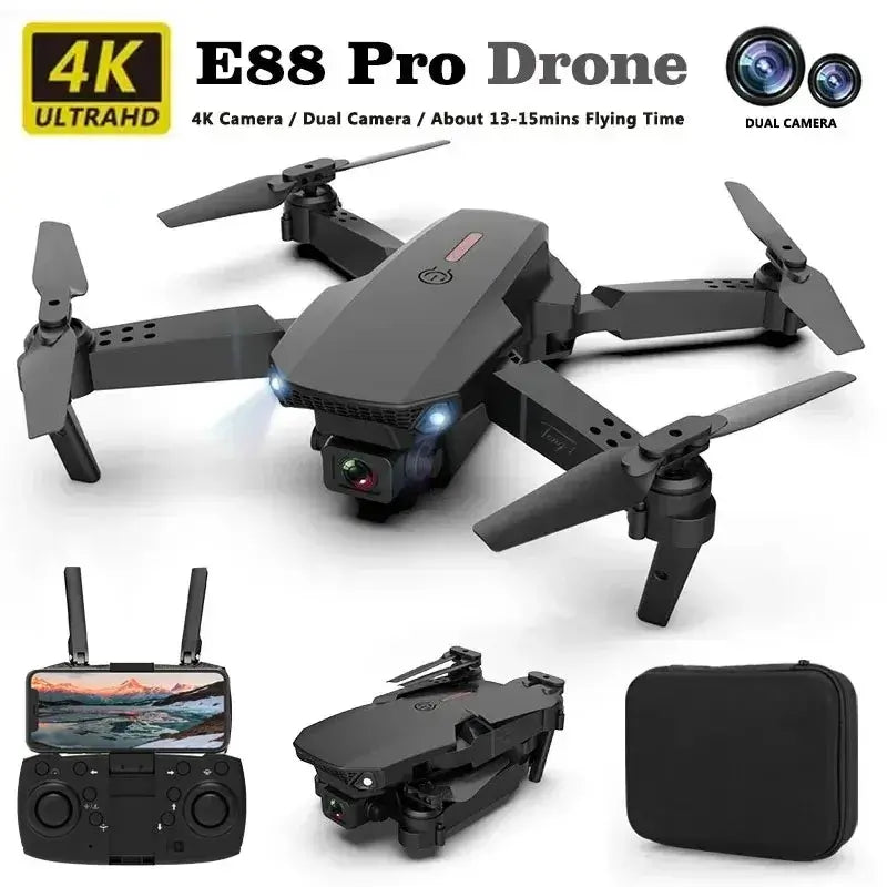 New E88 RC Drone with 4K dual camera, remote controller, and carrying case for aerial photography.