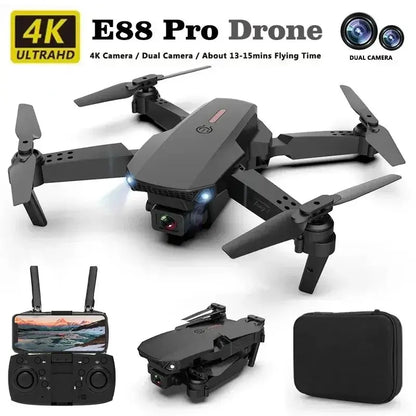 New E88 RC Drone with 4K dual camera, remote controller, and carrying case for aerial photography.
