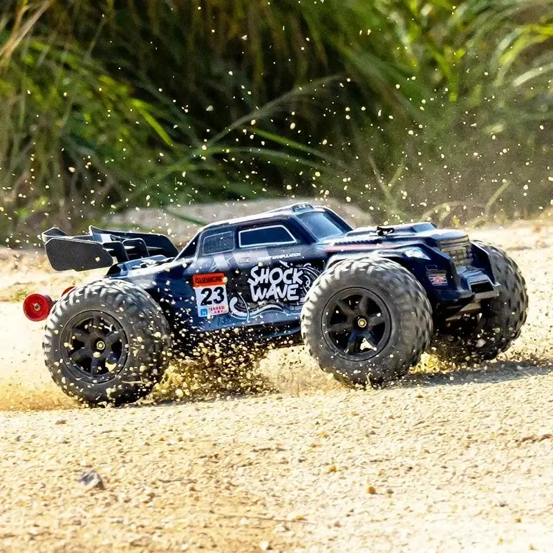 high-speed 4WD RC truck racing on dirt, showcasing its speed and off-road capabilities.
