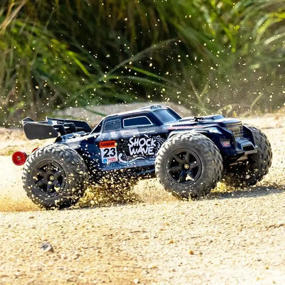 high-speed 4WD RC truck racing on dirt, showcasing its speed and off-road capabilities.