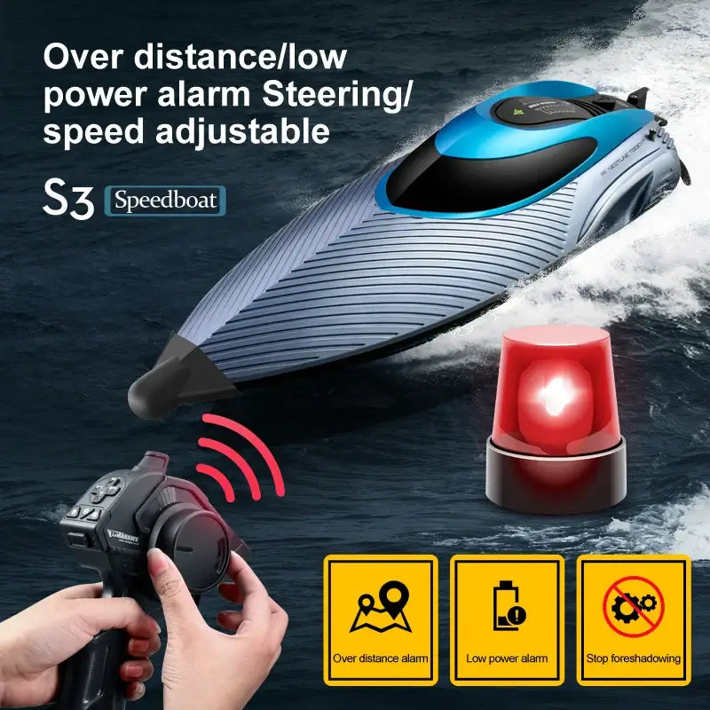 S3 Remote Control Boat showcasing steering and speed features with a remote control and safety alarms.