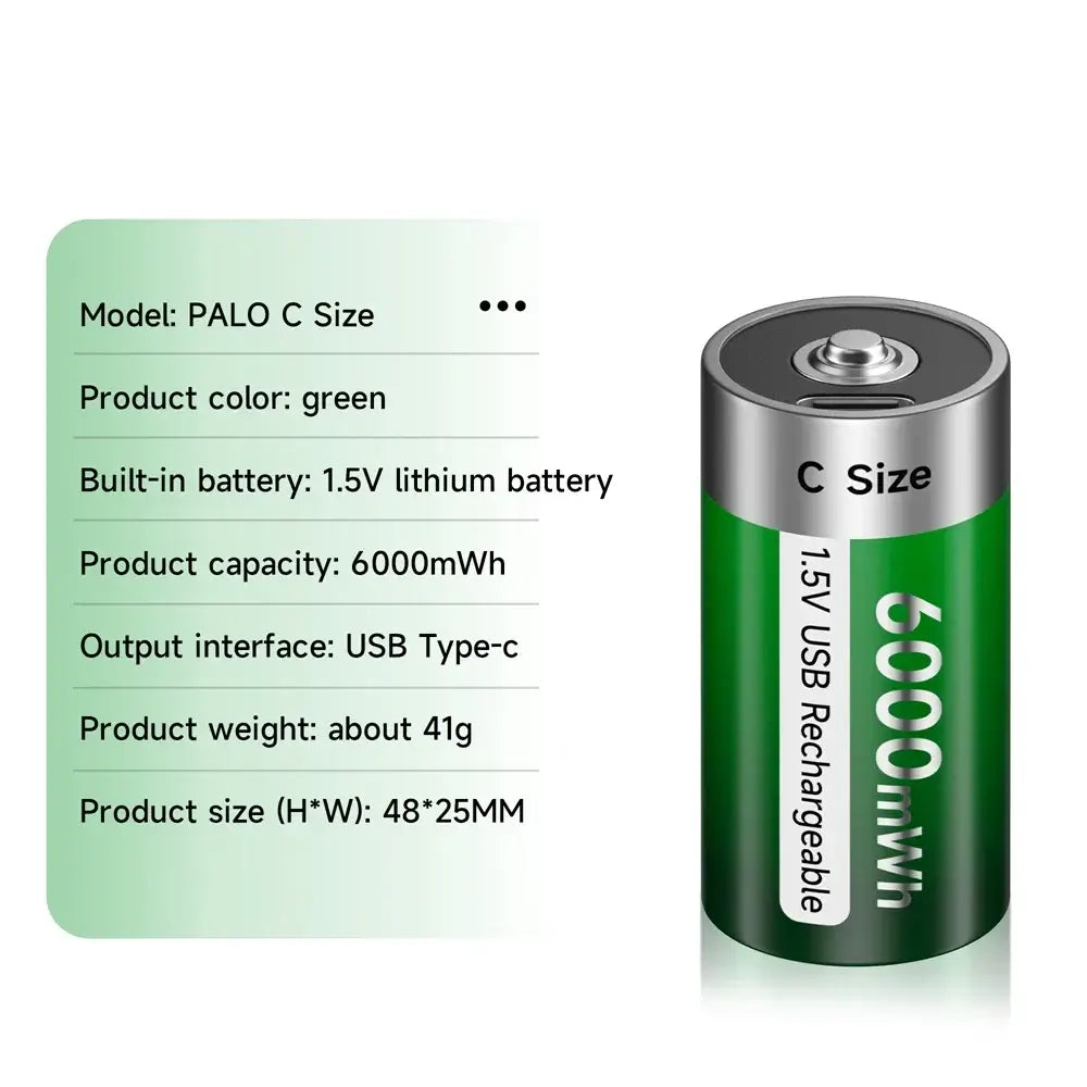 1.5V C Size Rechargeable Battery in green design showcasing USB charging capability.