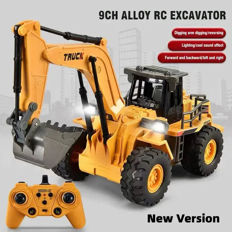Remote Control Excavator Bulldozer with 9CH alloy design, features digging arm, sound effects, and controller.