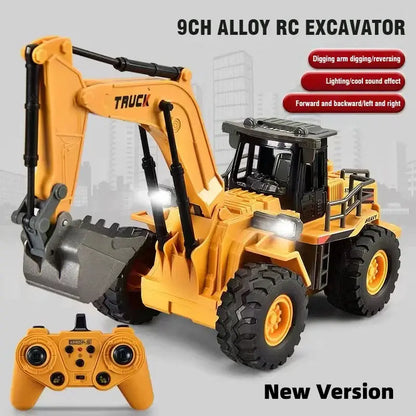 Remote Control Excavator Bulldozer with 9CH alloy design, features digging arm, sound effects, and controller.
