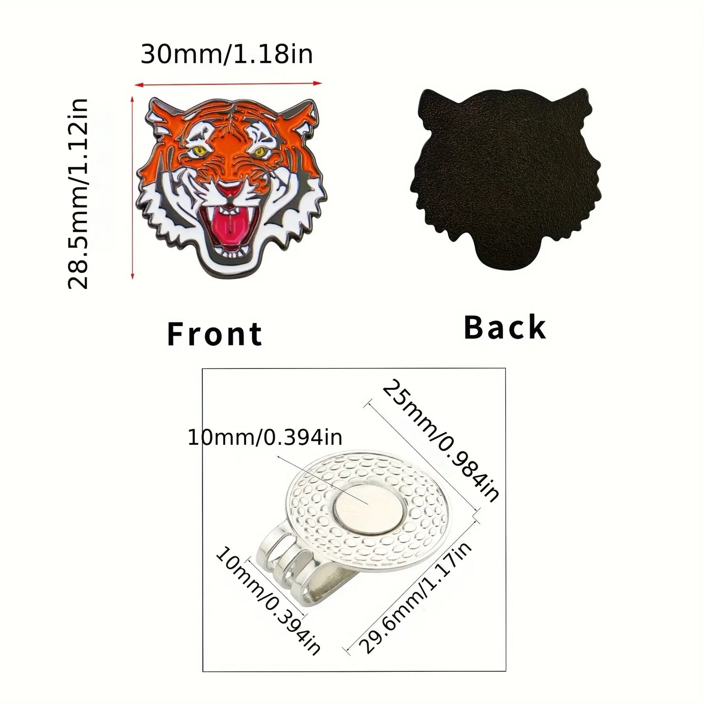 Golf ball marker hat clip design featuring a colorful tiger in front and a black outline back, showcasing dimensions and details.