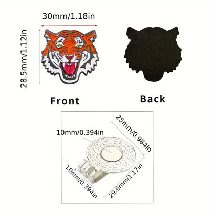 Golf ball marker hat clip design featuring a colorful tiger in front and a black outline back, showcasing dimensions and details.
