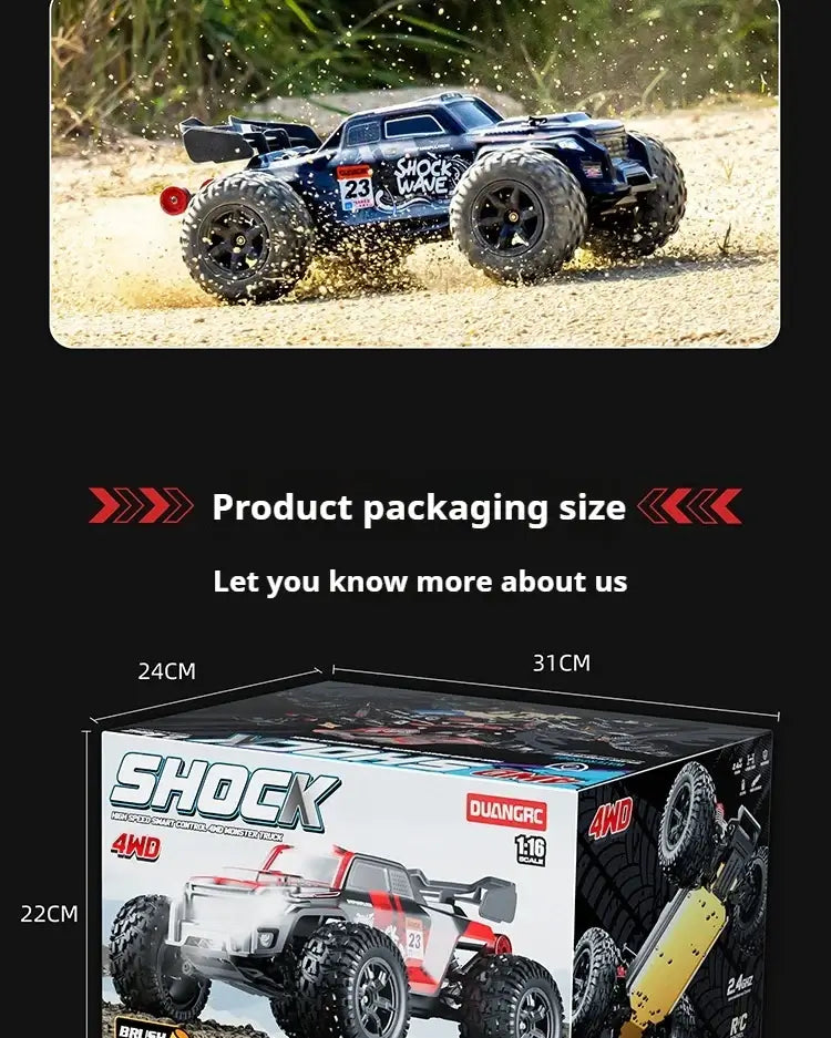 High-speed 4WD RC truck in action on dirt with product packaging dimensions displayed.