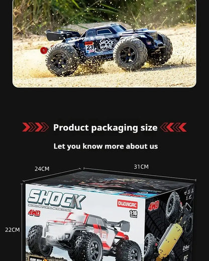 High-speed 4WD RC truck in action on dirt with product packaging dimensions displayed.