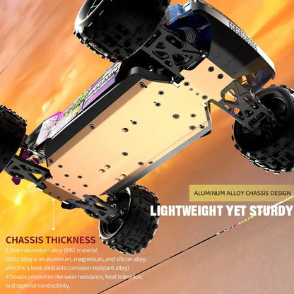 RC Car 90KMH High Speed Brushless Four-Wheel Drive with aluminum alloy chassis design for durability and lightweight construction.